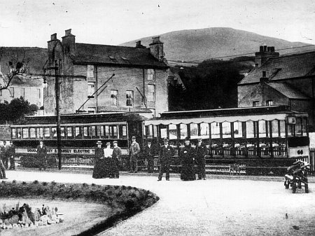Ramsey shortly after opening in 1899, with a ‘Tunnel Car’ wearing the newly applied ‘Douglas Laxey and Ramsey Electric Tramway’ title, and 1898-built Trailer No.44 (destroyed in the April 1930 Laxey Car Shed fire) © Website Collection