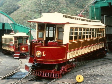 The restored and repaints Cars No.1 and 2 outside Derby Castle Car Shed in the early 1980s. © Alan Spencer Collection