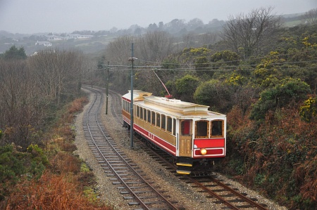 Car No.20 and Trailer No.59 seen on the 13:10 from Derby Castle passing Laxey Old Road, 17.01.13. © Andrew Scarffe