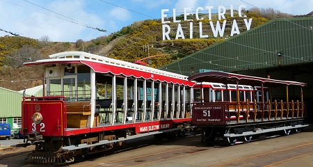 A lineup of rolling stock outside Derby Castle Top Shed on the 26th April, featuring Car No.32 and Trailers No.56 and 51. © Jon Wornham