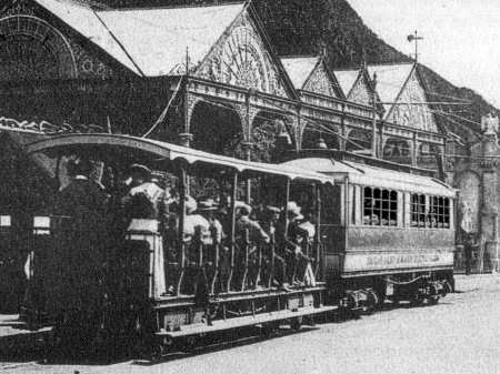 A 4-9 series Car with a 49-54 series Trailer at Derby Castle during the early 1900s. © Website Collection