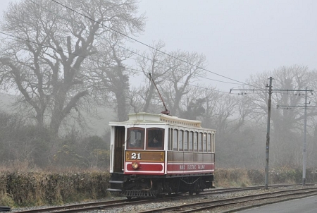 Car No.21 climbs towards Baldromma with a service for Laxey Car Shed, 13.03.14. © Andrew Scarffe
