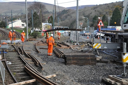 The second crossover to the north of Laxey station is installed, 15.03.14. © Andrew Scarffe