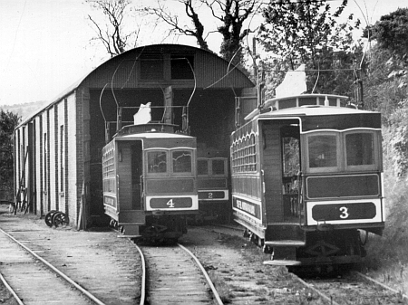 Laxey Snaefell Car Shed pre-nationalisation in 1956, with Car No.4, No.2 and No.3 present. © Website Collection