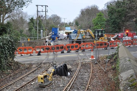 Track relaying work taking place at Ballure level crossing, 11.01.15
