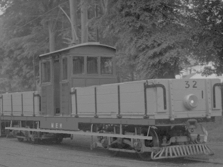 Car No.32 from late 1941, where it had Snaefell No.7 'Maria's cab transplanted onto the frames between the two open wagons 17 and 18 to assist with the Laxey Mines dead removal.